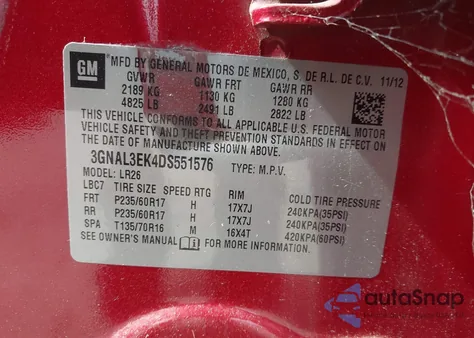 2013 Chevrolet Captiva Sport Lt z USA, uszkodzony, nr VIN 3GNAL3EK4DS551576